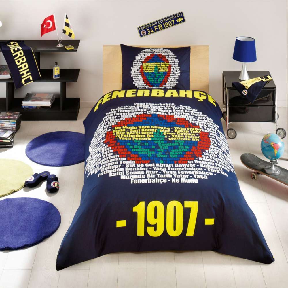 Taç Lisanslı Tek Kişilik Yatak Örtüsü Fenerbahçe Marşlı Logo