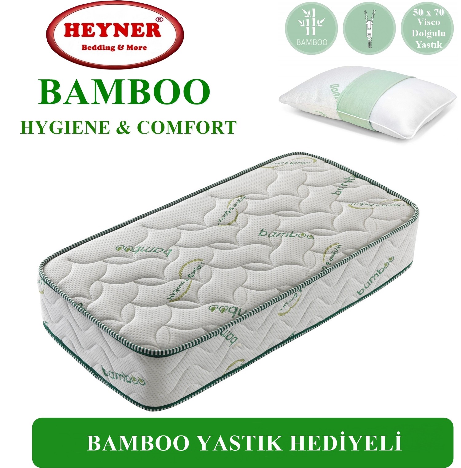 90X190 Heyner Bamboo Lüx Ortopedik Yaylı Yatak (YASTIK HEDİYELİ