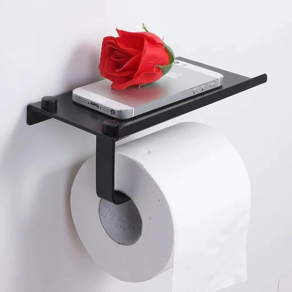 Telefon Raflı Tuvalet Kağıtlığı Cep Telefonu Tutmalı Raf Siyah
