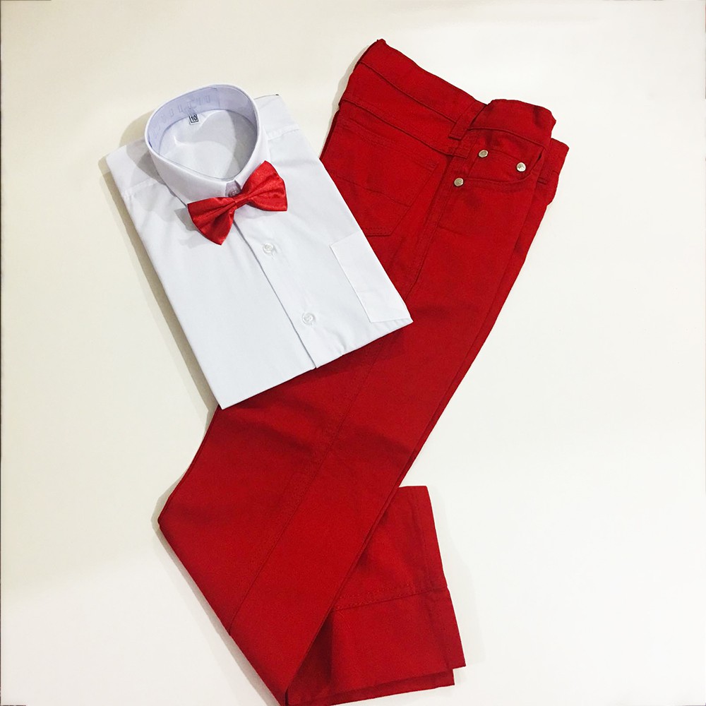 Kırmızı Pantolon - Beyaz Gömlek - Kırmızı Papyon Çocuk Takım
