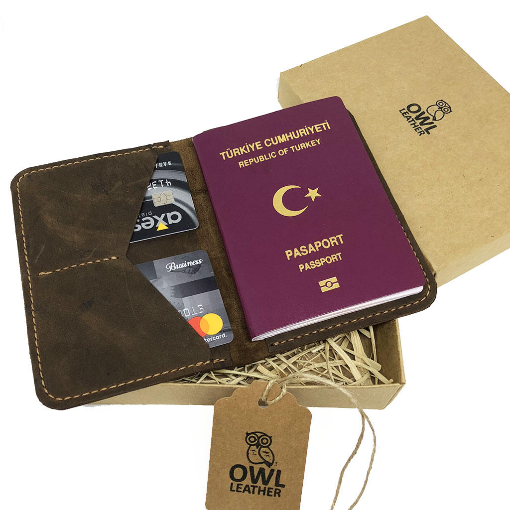 Owl Leather Kahve Nubuk Deri Pasaport Kılıfı El Yapımı OWLPK-KV01