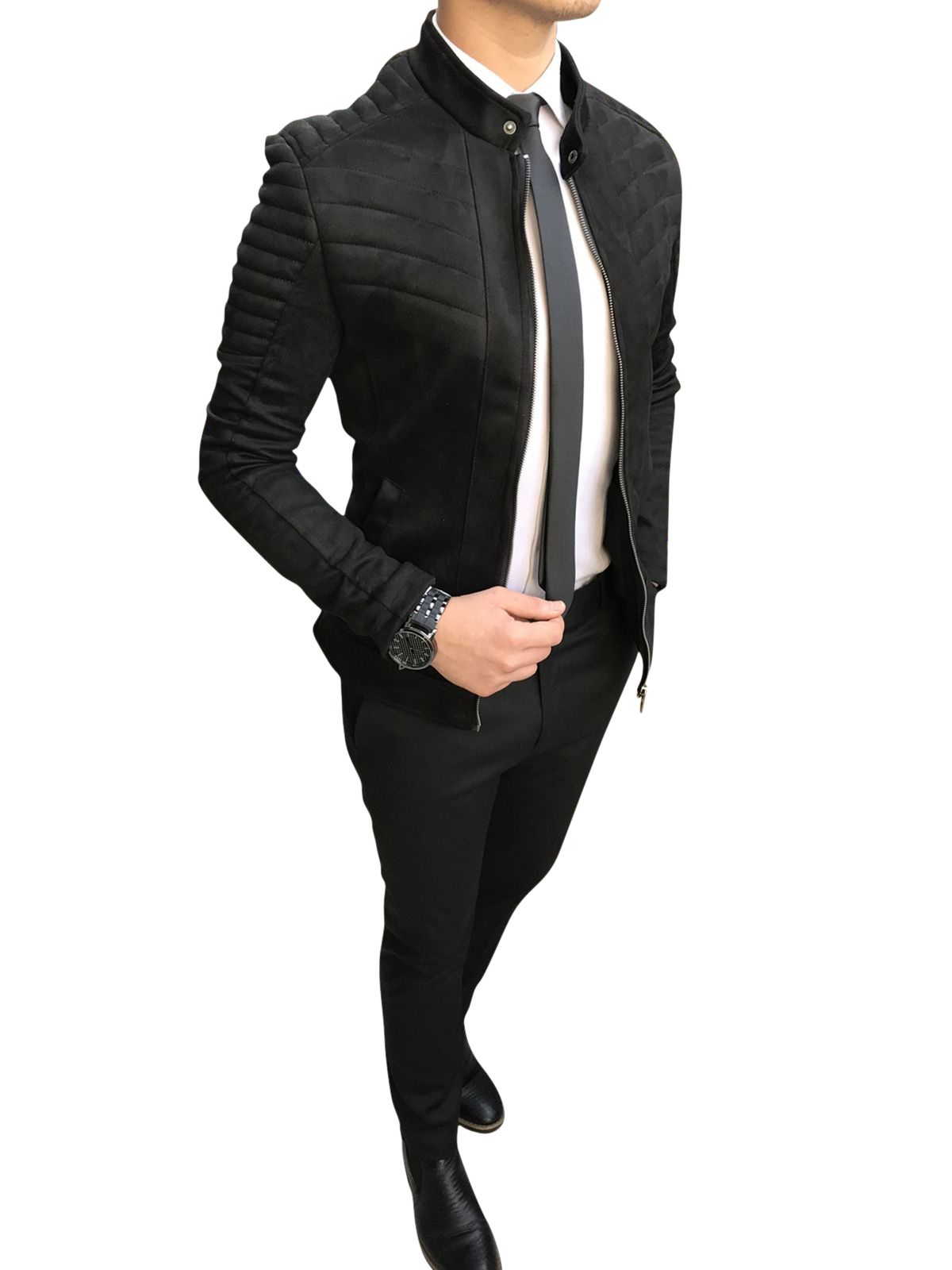 İtalyan stil içi kürklü erkek siyah süet mont ceket T2887