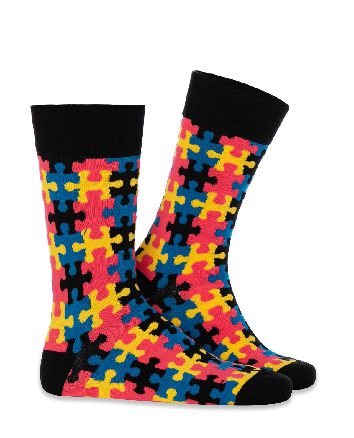 Renkli Puzzle Desenli Erkek Soket Çorap