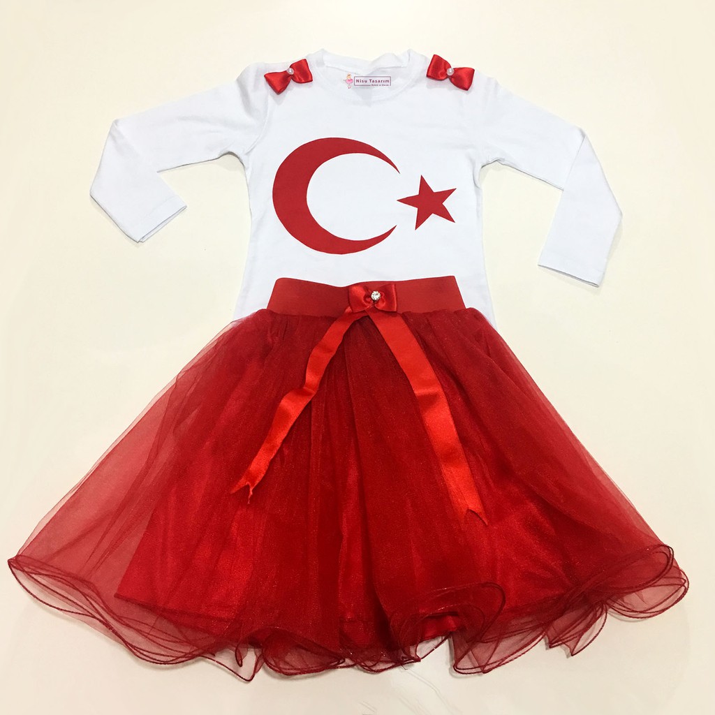 Türk Bayrağı Desenli Kırmızı Tütü Takım 23 Nisan Okul Gösterileri