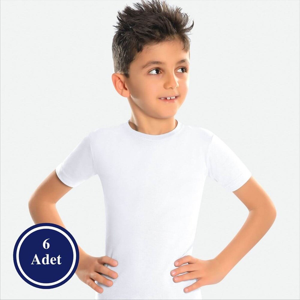ÖTS Erkek Çocuk 6'lı Ribana Sıfır Yaka T-Shirt Beyaz (7020)