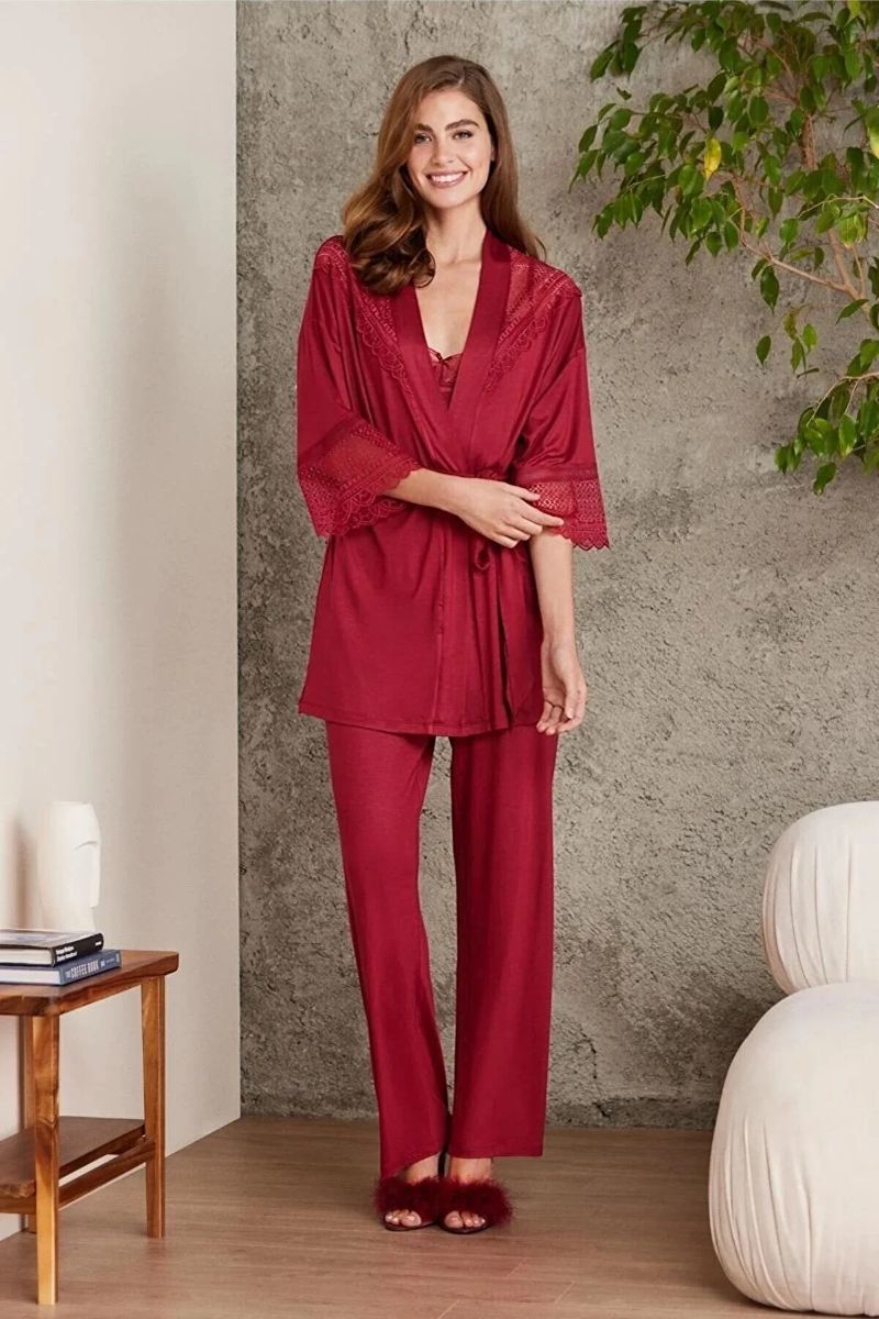 Pierre Cardin 2820 Kadın Bordo Dantelli Penye 3'lü Sabahlıklı Pijama Takım