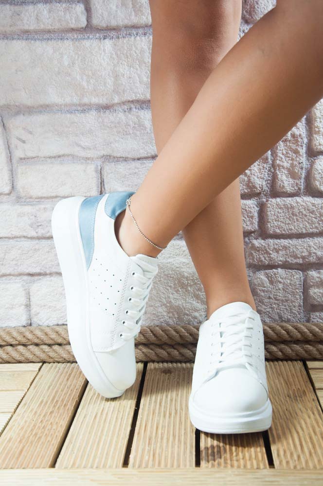 Beyaz Sneakers Kadın Kalın Taban Mavi Süet Spor Ayakkabı