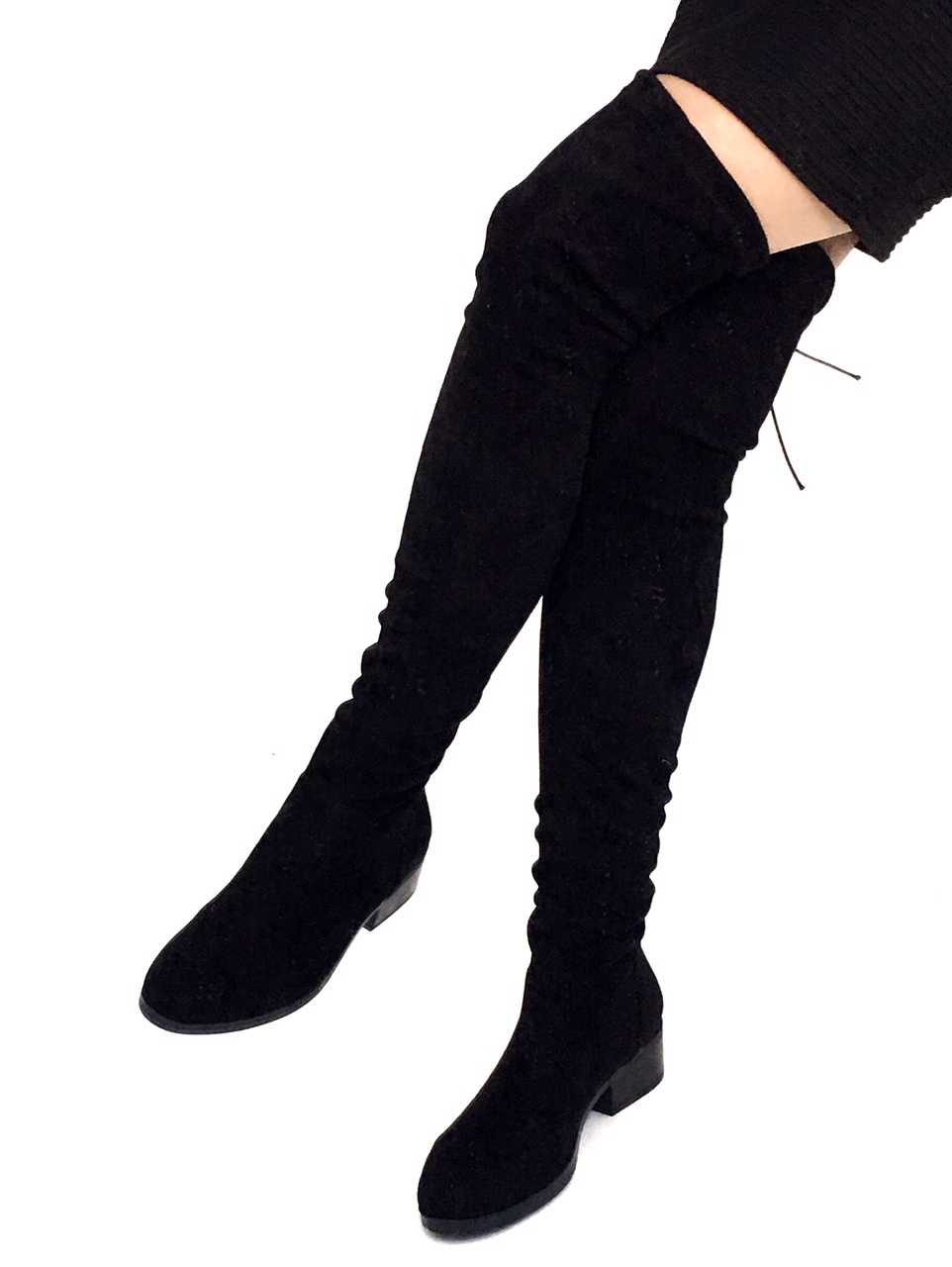 Mio Gusto - Siyah renk süet streç, diz üstü topuksuz çizme