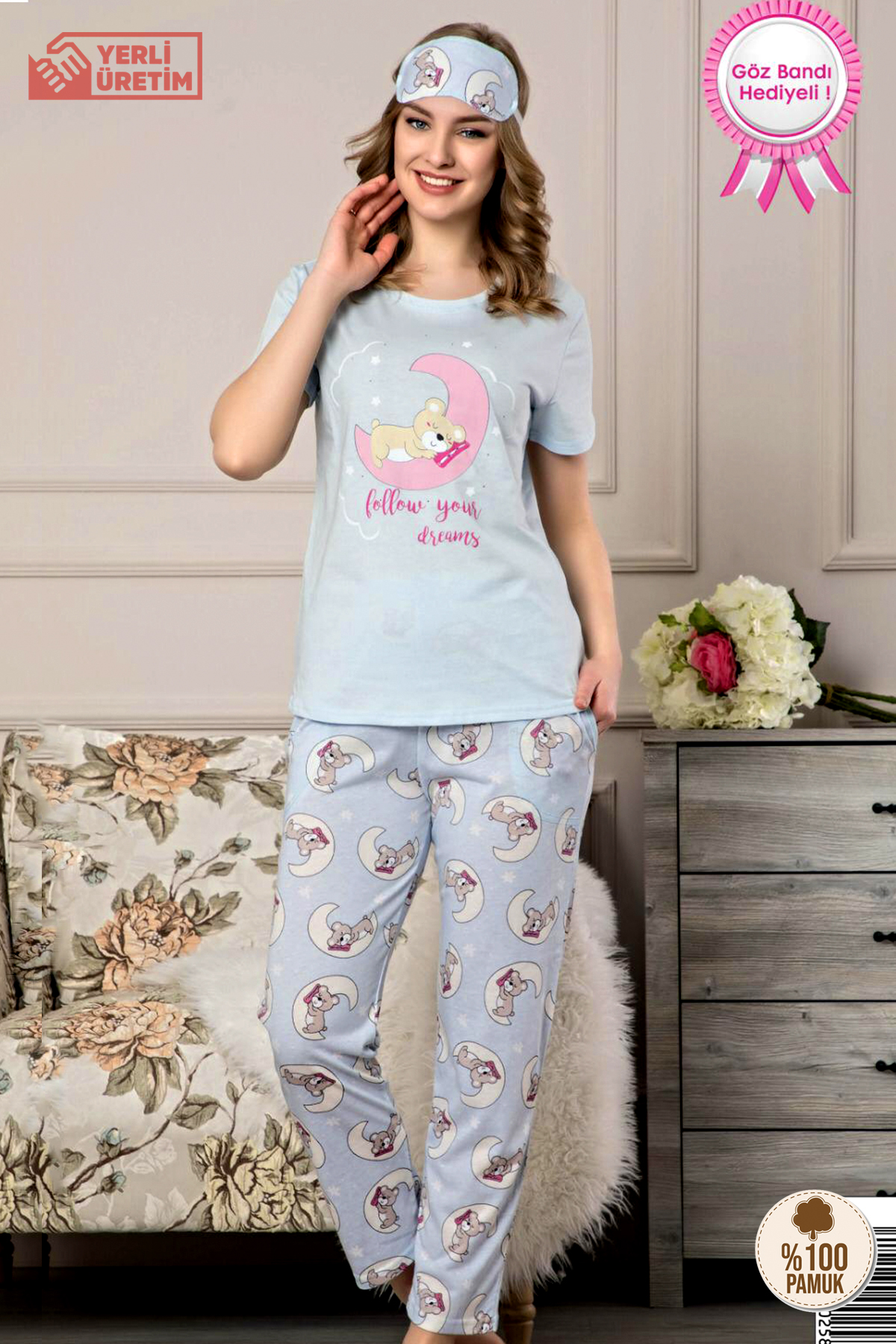 Kısa Kollu %100 Pamuk Bayan Pijama Takımı
