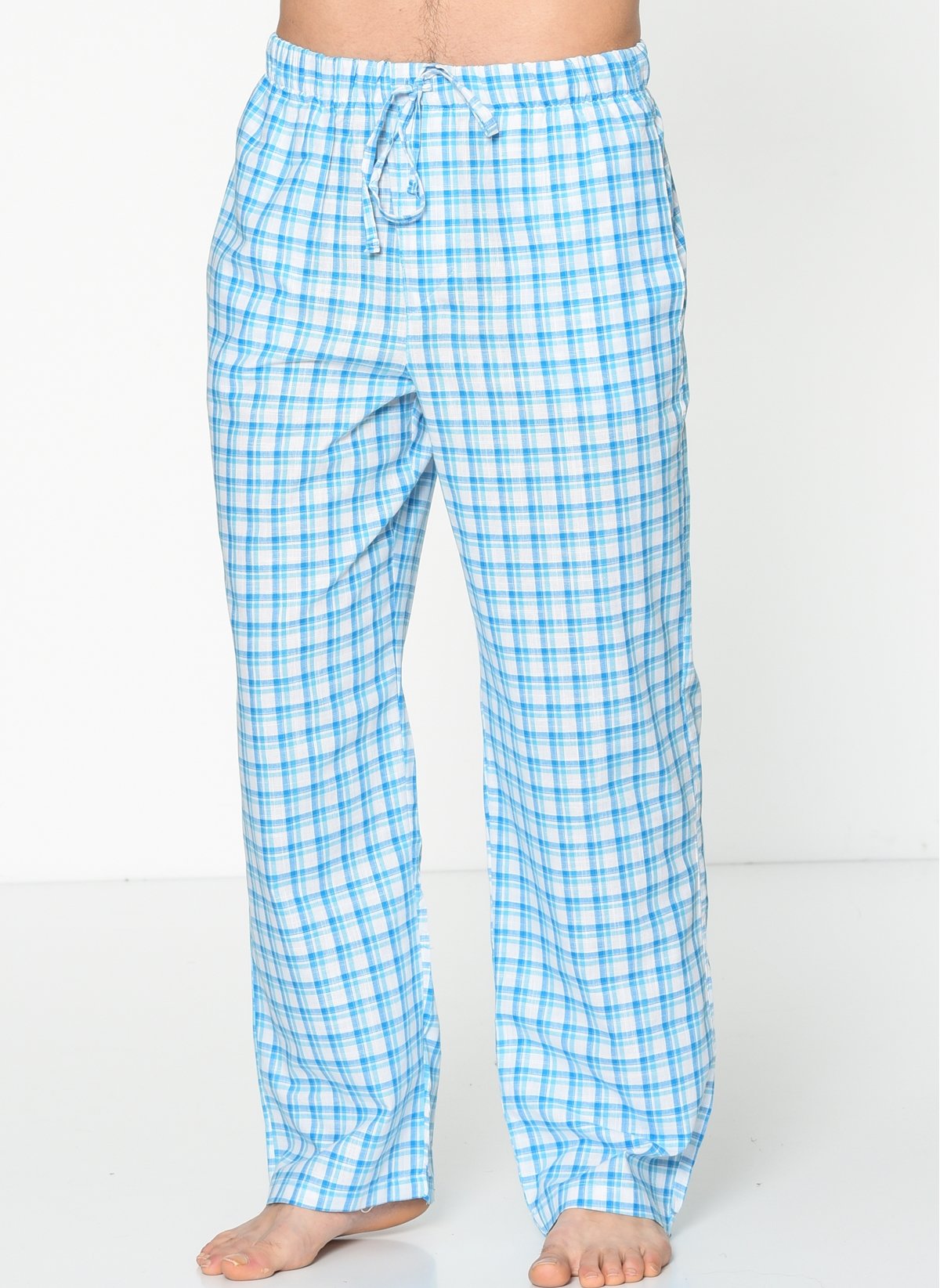Herrmen Turkuaz Mavi Beyaz Kareli Pijama Pantolon