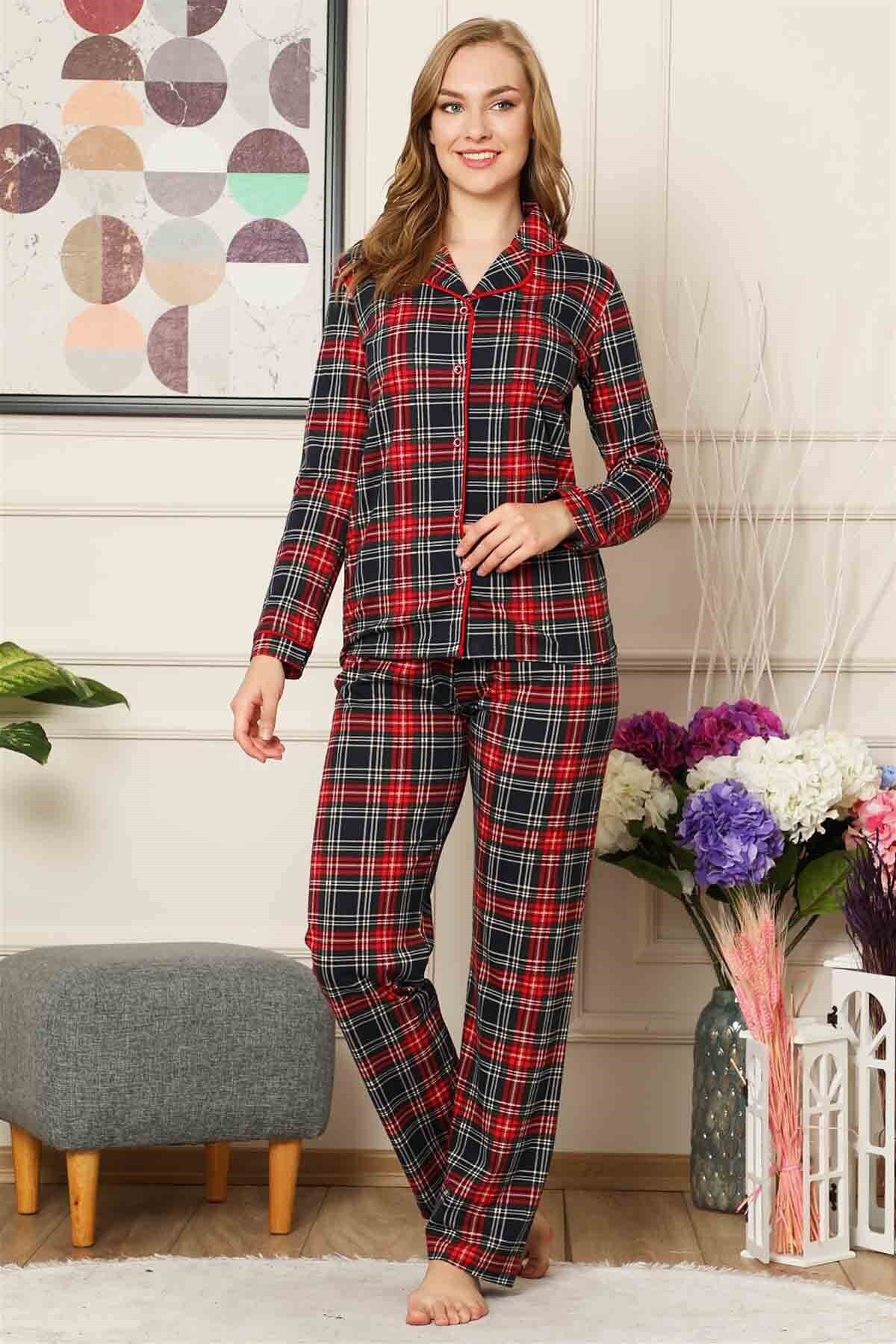 Bayan Yazlık Uzun Kollu Pijama Takımı Önden Düğmeli Ekose Desen
