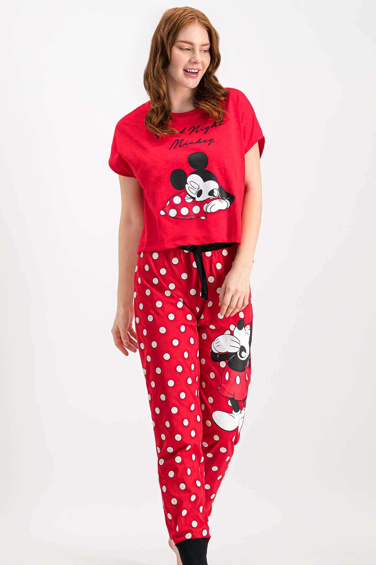 Kadın Mickey Mouse Lisanslı Kırmızı Pijama Takımı