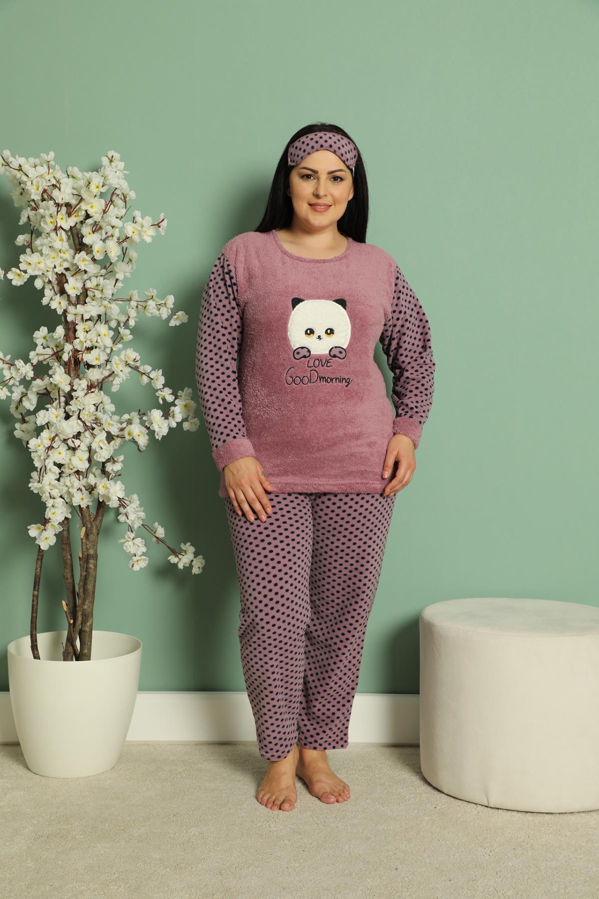 Kadın Uzun Kollu Cepli Polar Büyük Beden Pijama Takımı