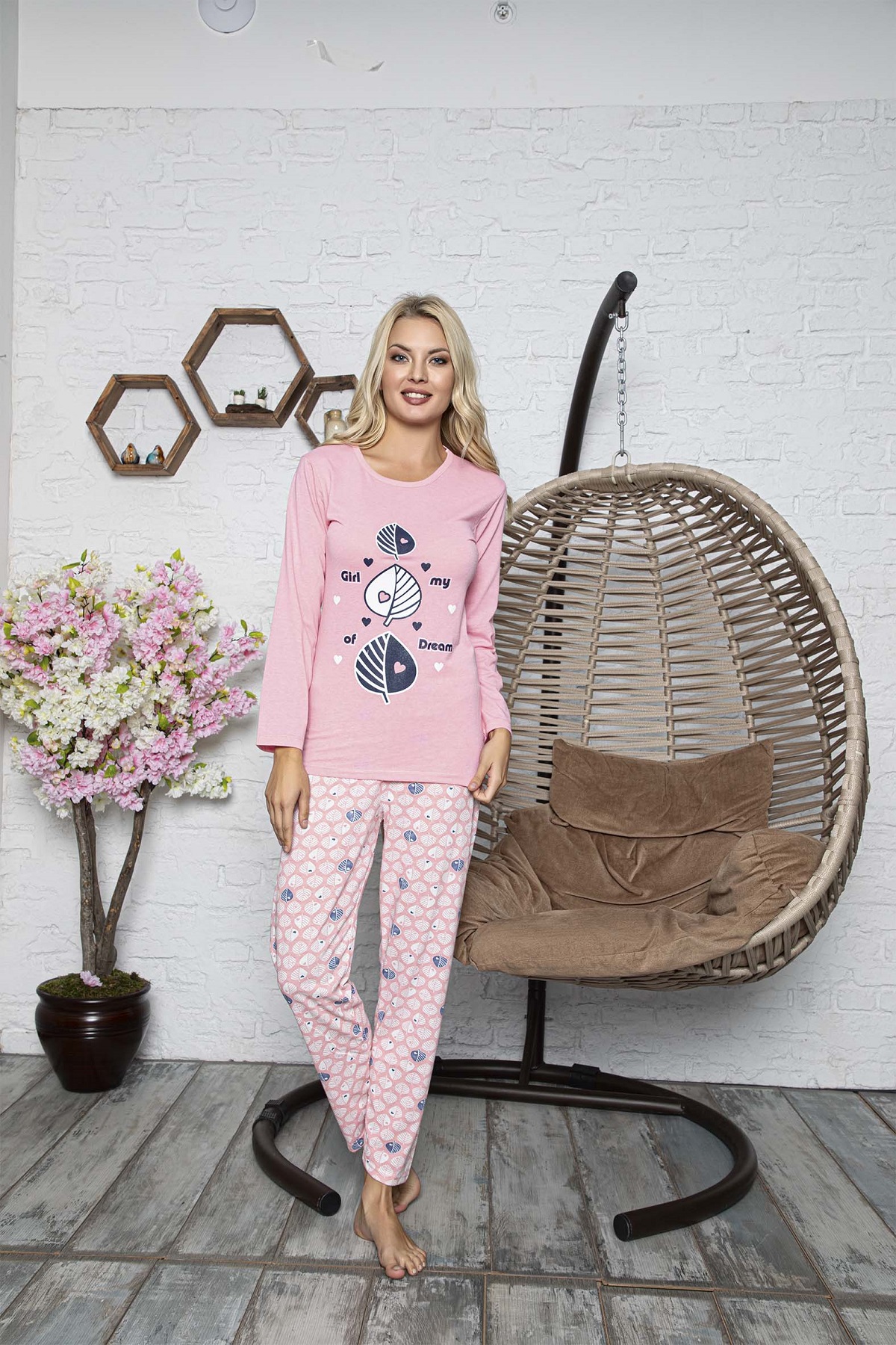 Pembe Kadın Yaprak Desenli Pamuklu İnterlok Pijama Takım