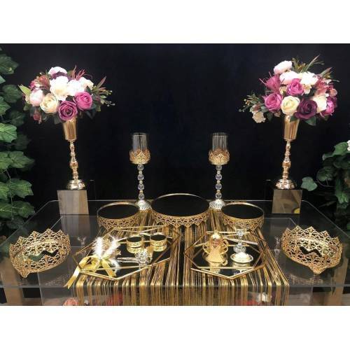 Söz Nişan Gold Petek Sunum Masası Seti Jardinyer Şamdan Vazo