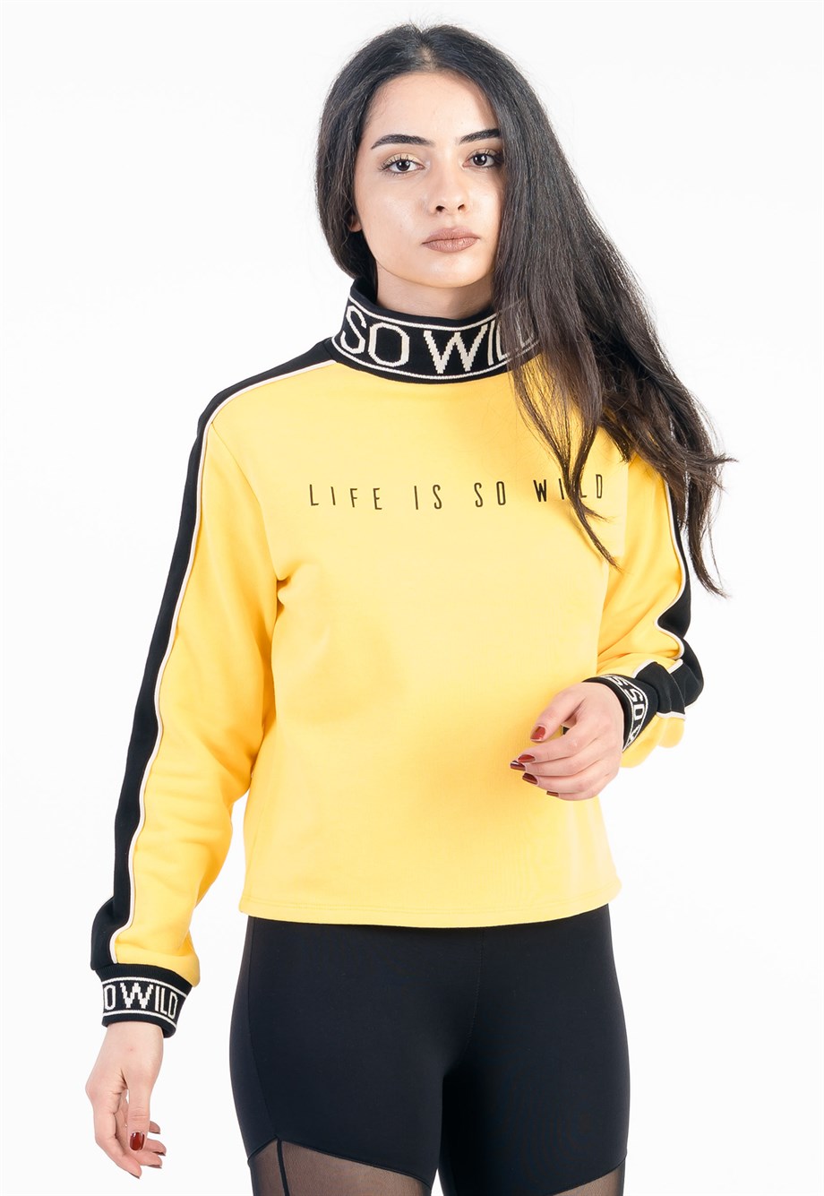 JAHR MARC Yakası ve Manşeti Baskılı Sarı Kadın Sweatshirt