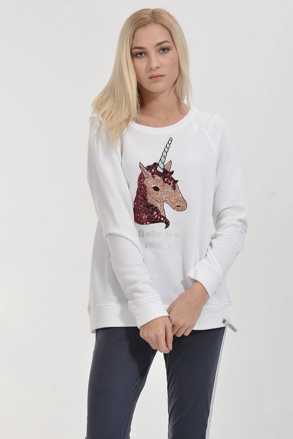 Unicorn Pul İşlemeli Sweatshirt - Beyaz