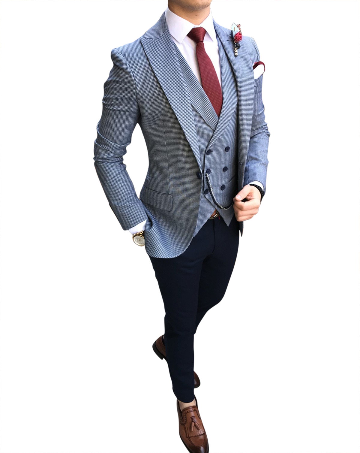 İtalyan stil erkek ceket yelek pantolon mavi takım elbise T2488