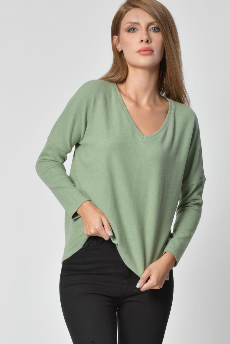 Cotton Candy V Yaka Uzun Kol Kadın T-Shirt  - Su Yeşili