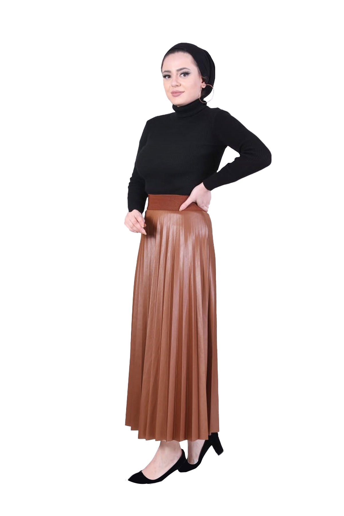Asel Butik Moda Kadın Deri Görünümlü Kahverengi Etek