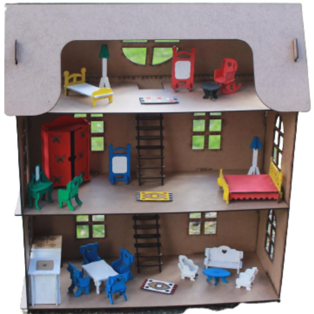 Joy And Toys Ahşap Oyun Evi+Minyatür Eşyalar-Boya+Fırça
