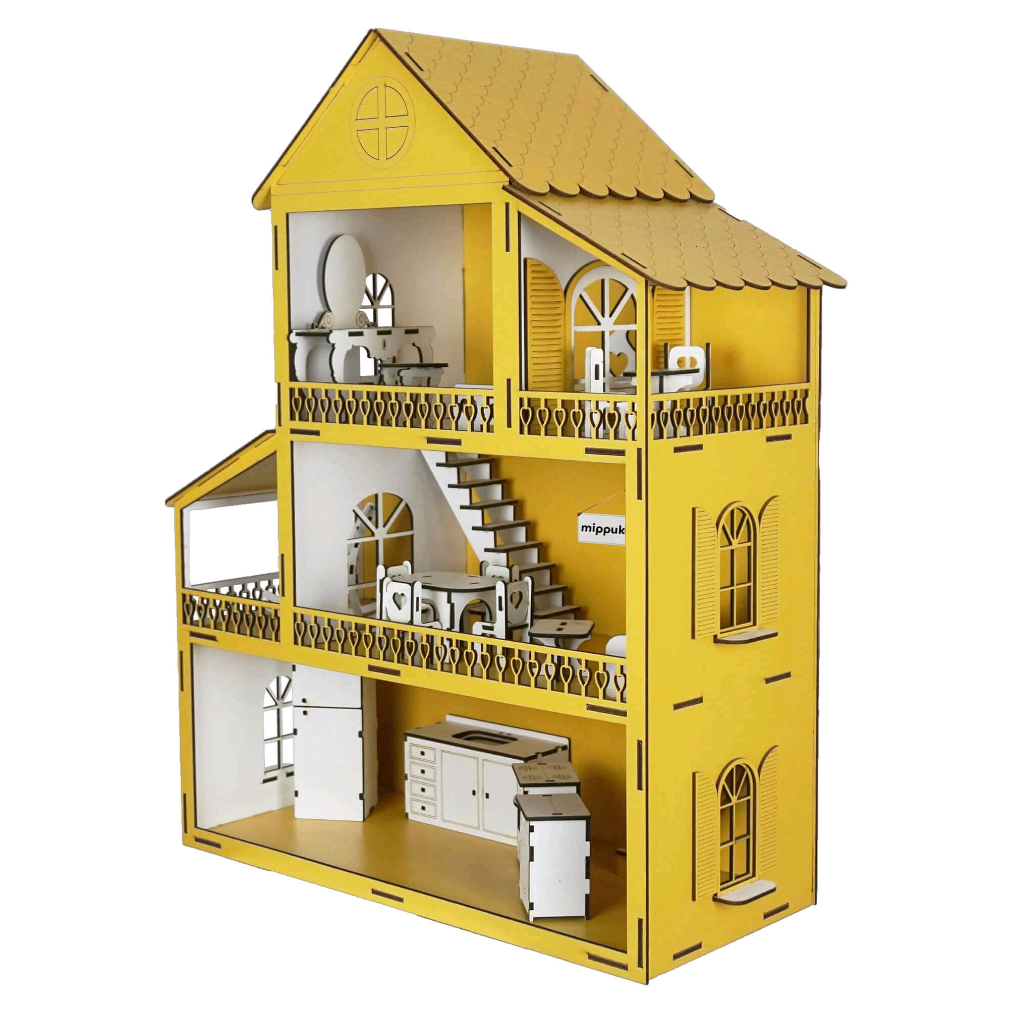 Mippukid Sarı Ahşap Oyuncak Oyun Evi, Ahşap Oyuncak Mobilyalı