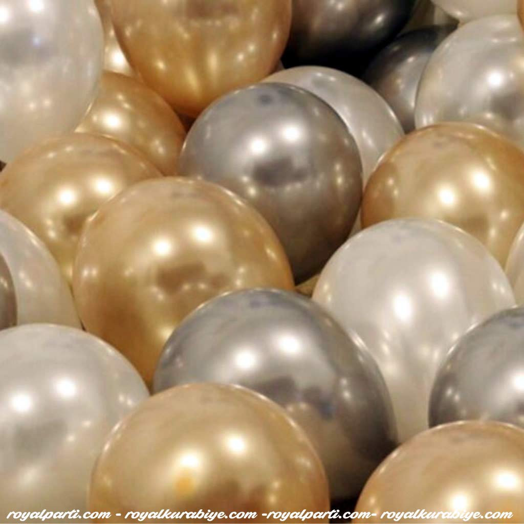 50 Adet Metalik Kaliteli (Gold-Gümüş-Beyaz Karışık) Balon