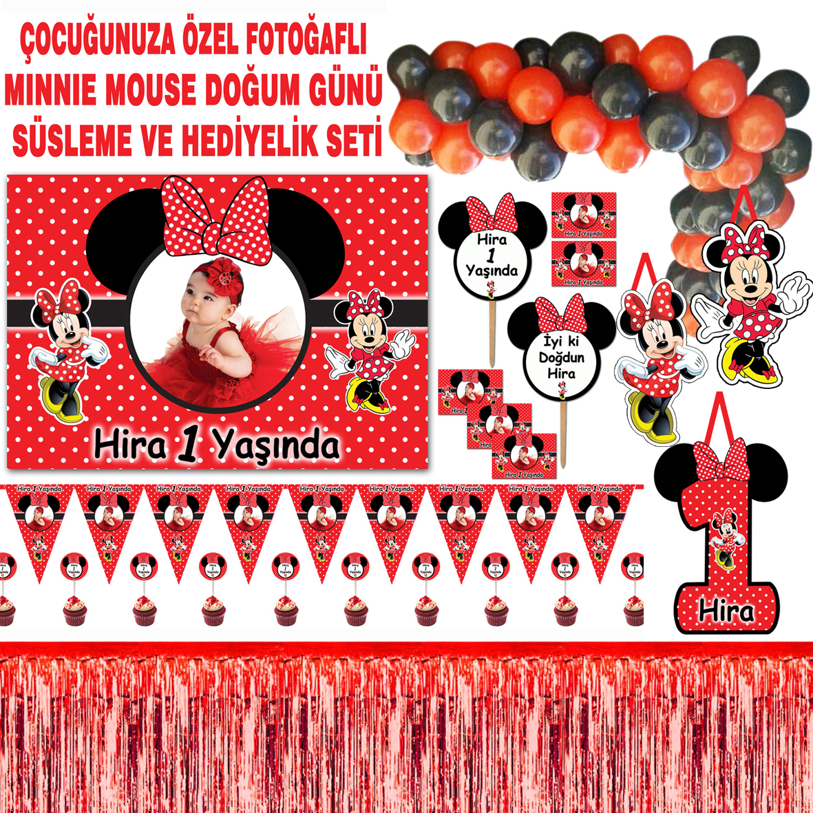 Minnie Kişiye Özel Balon Zincirli Büyük Doğum Günü Seti Kod1764