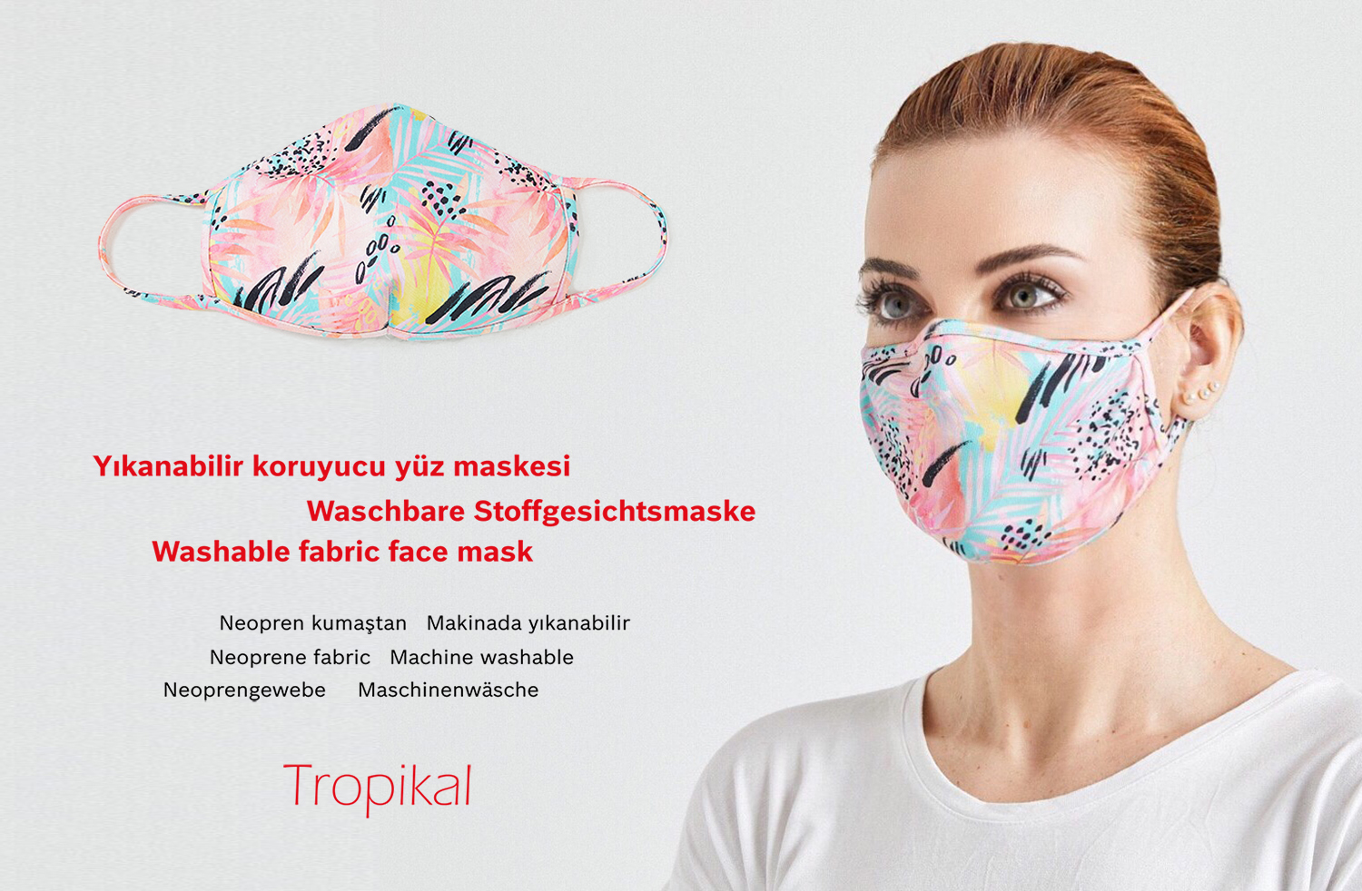 Yıkanabilir Neopren Kumaş Desenli Maske Tropikal