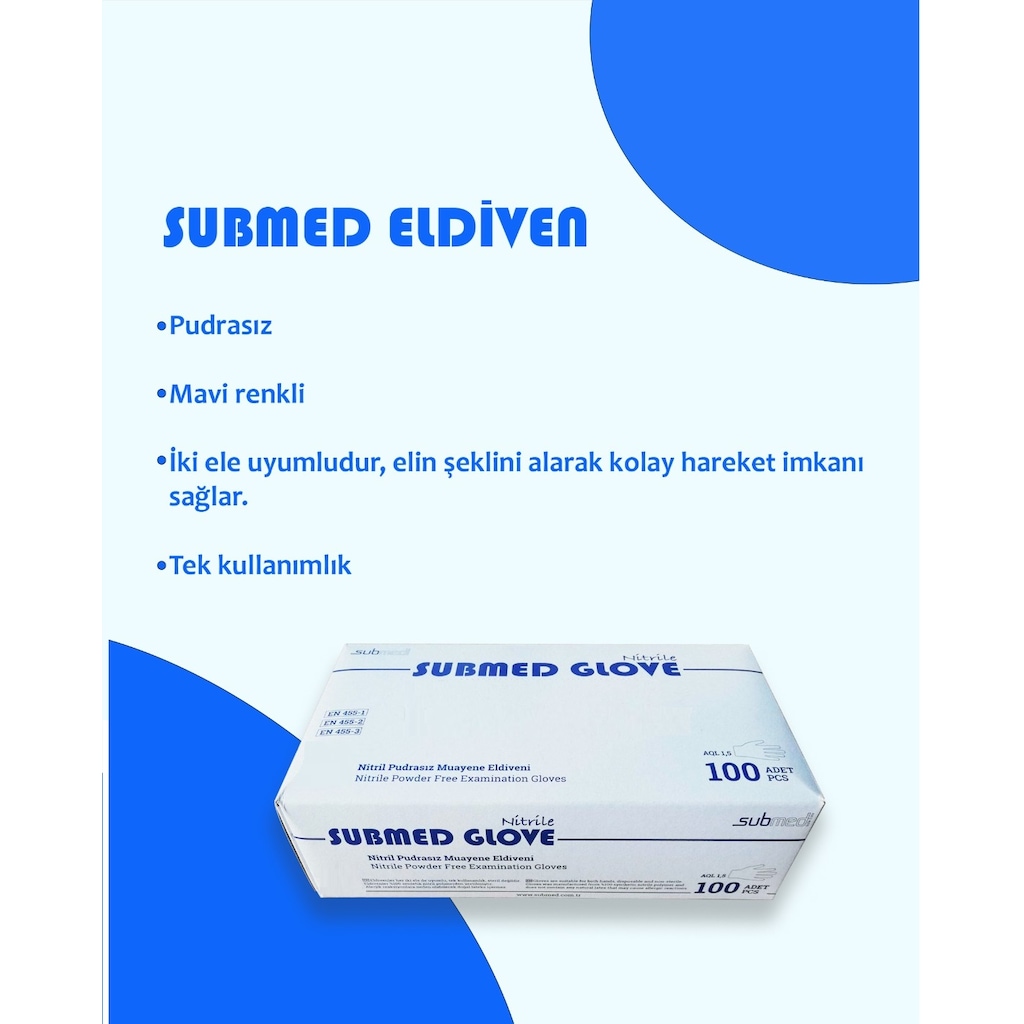 Submed Glove Pudrasız Mavi Nitril Muayene Eldiveni 100'lü