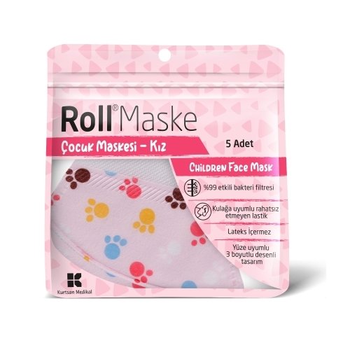 Roll Maske Desenli Kız Çocuk Yüz Ağız Maskesi 5 li Paket