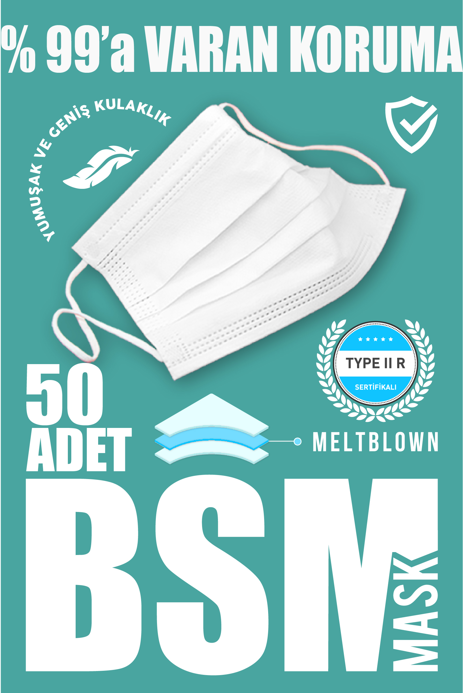 BSM 3 Katlı Yassı Lastikli MELTBLOWN Cerrahi Maske Toplam 50 Adet