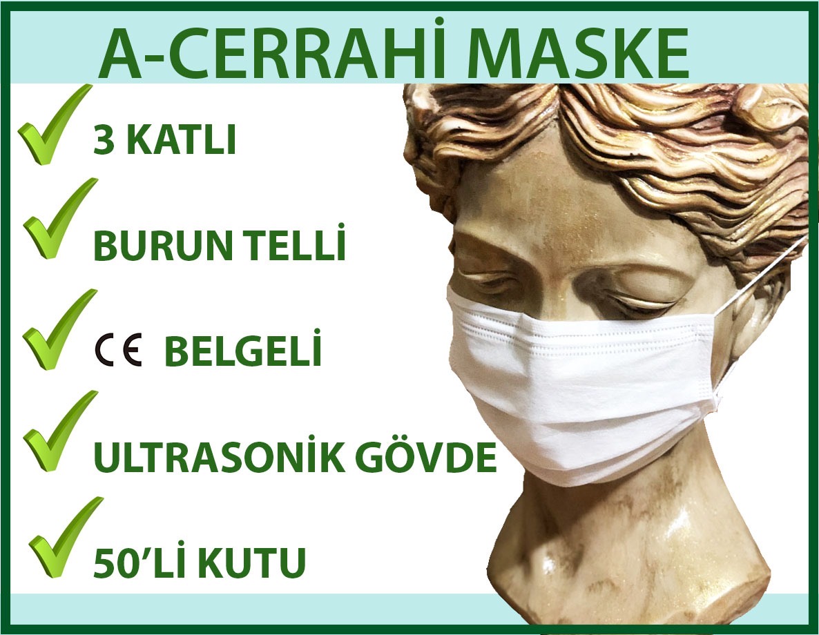 Cerrahi Maske 3 Katlı Burun Telli Full Ultrasonik 50'li Paket