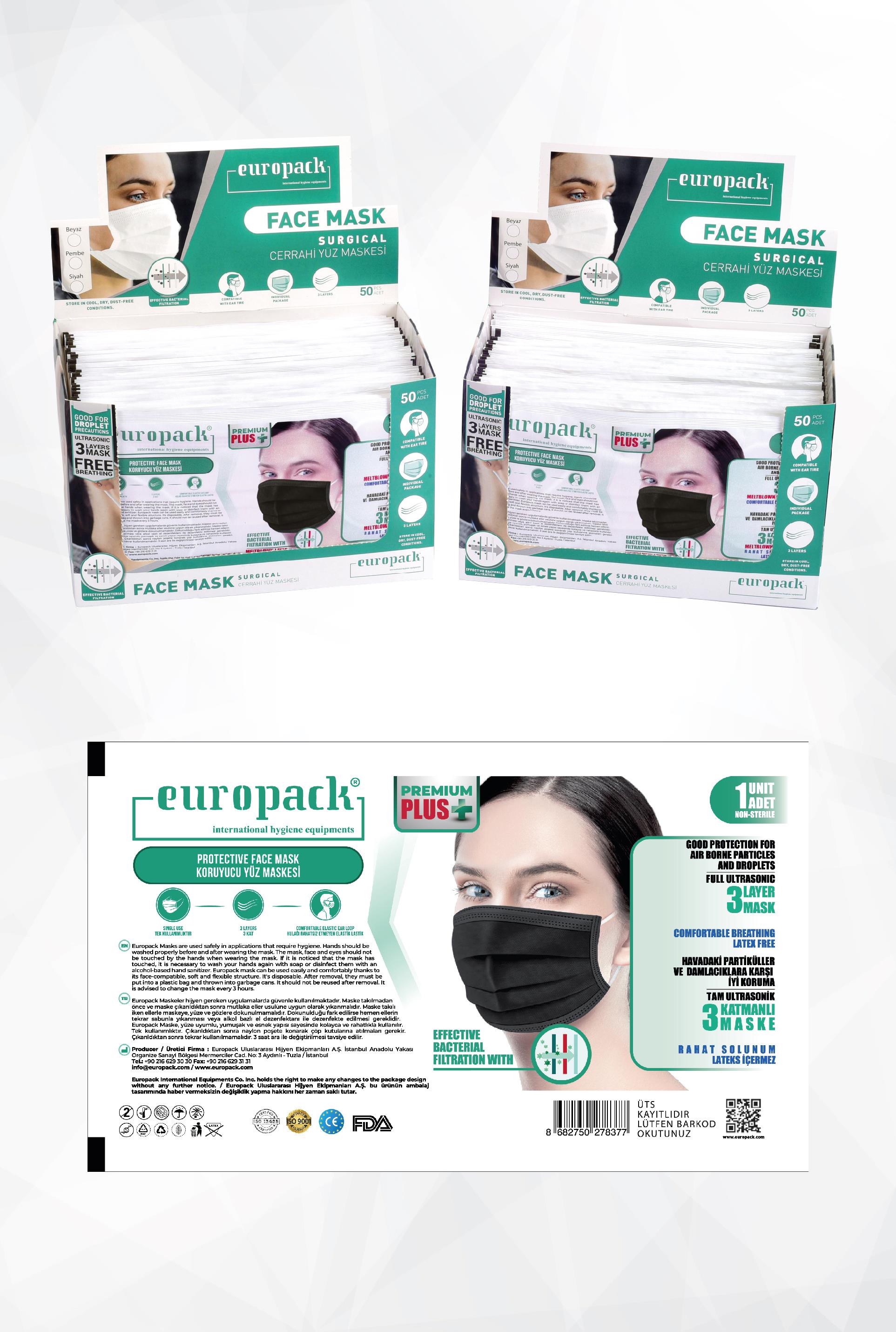 Europack Premium Tek Tek Paketli Maske 100 Adet Siyah