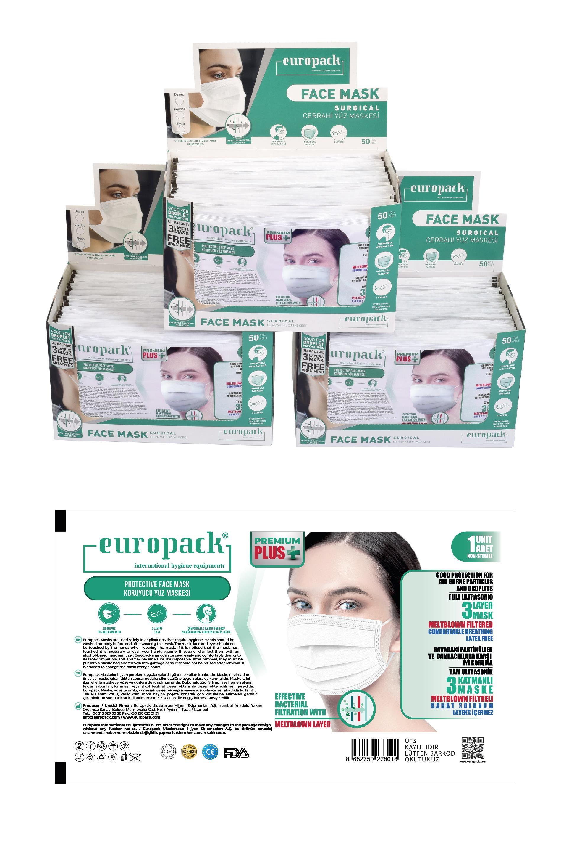 Europack Premium Tek Tek Paketli Maske 150 Adet Beyaz