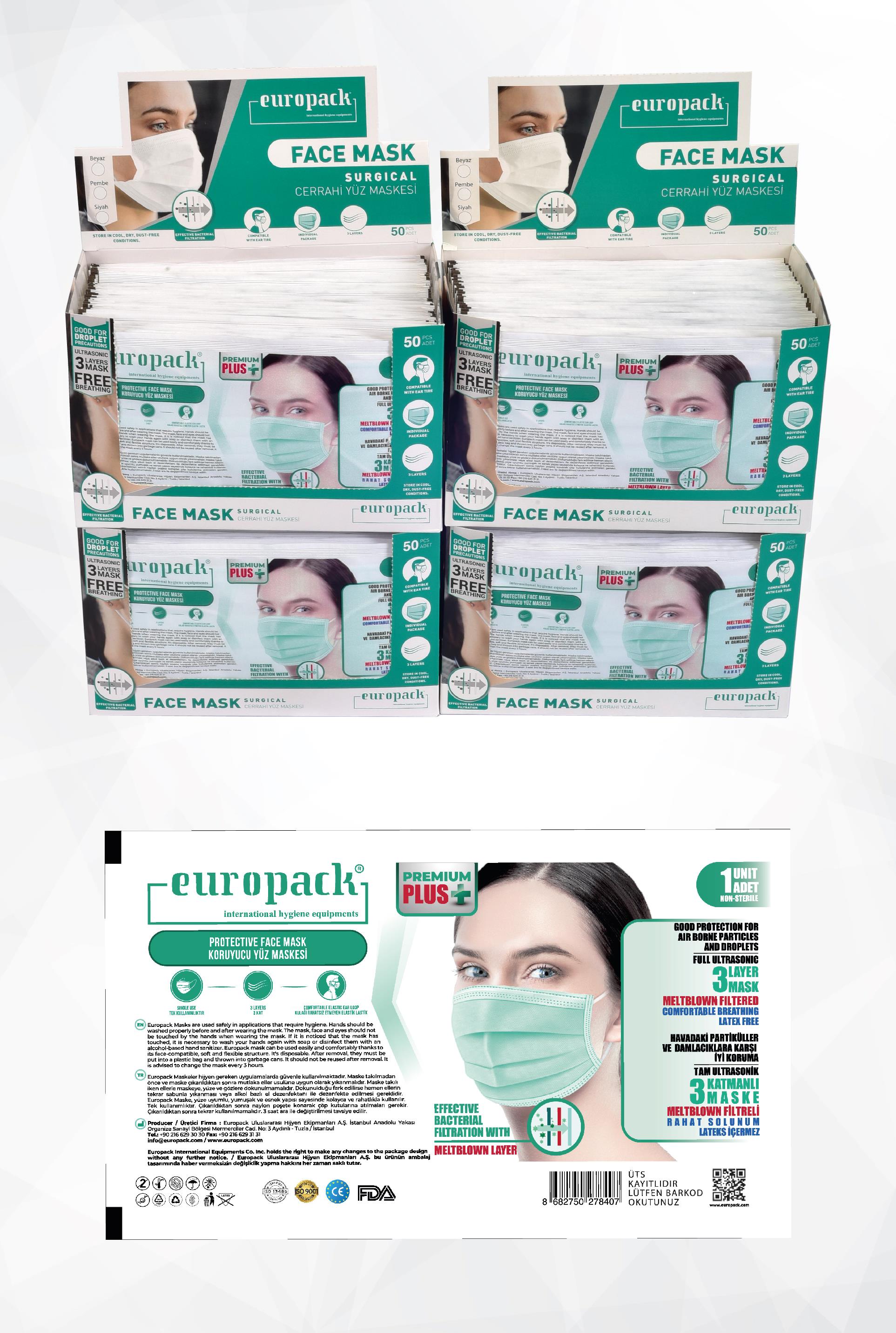 Europack Premium Tek Tek Paketli Maske 200 Adet Yeşil