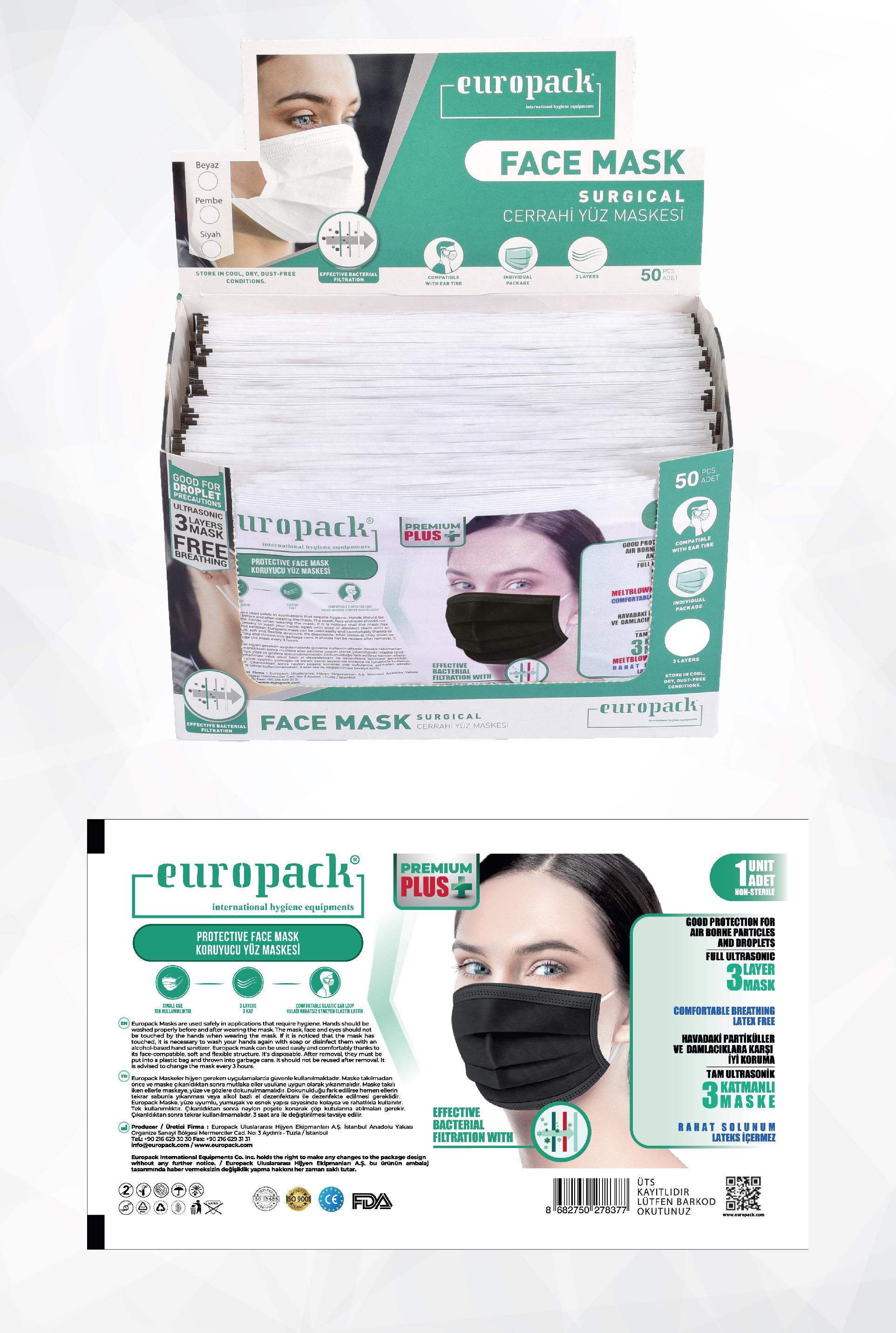 Europack Premium Tek Tek Paketli Maske 50 Adet Siyah