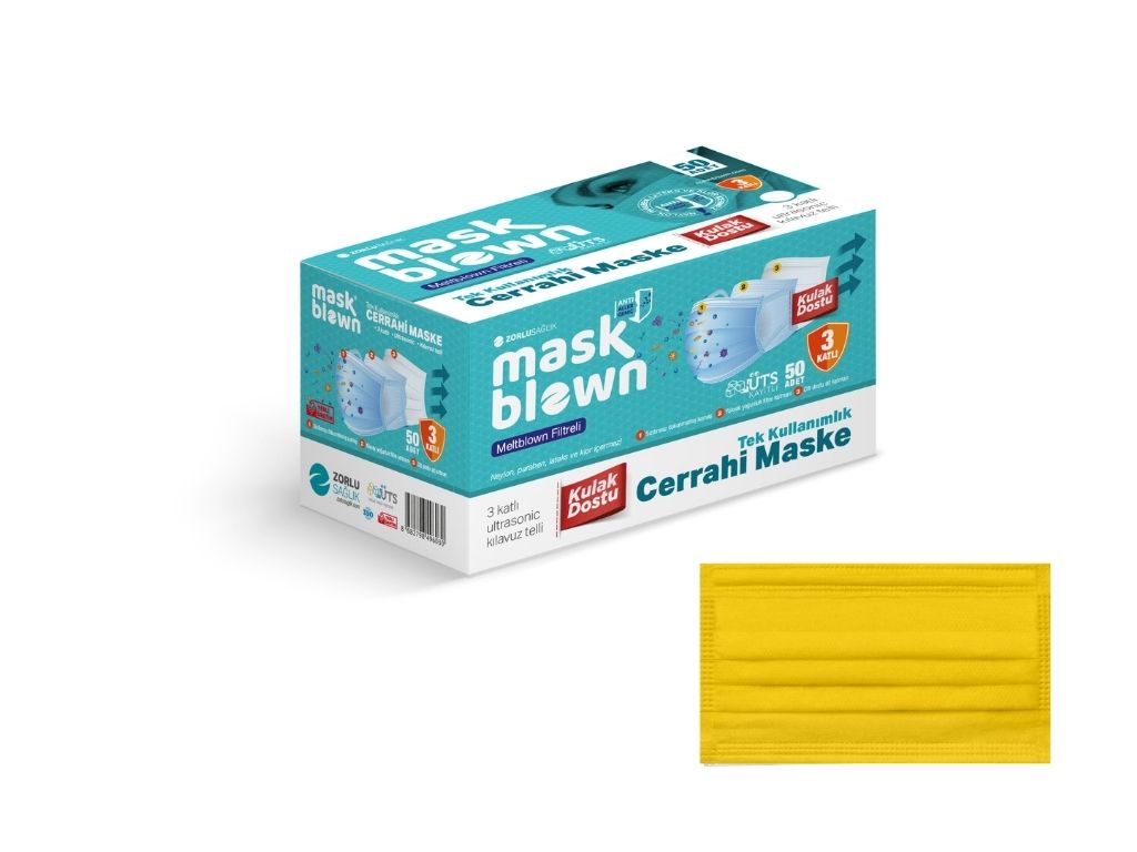 Mask Blown 50'li Yeni Nesil 3 Katlı Meltblown Cerrahi Maske Sarı