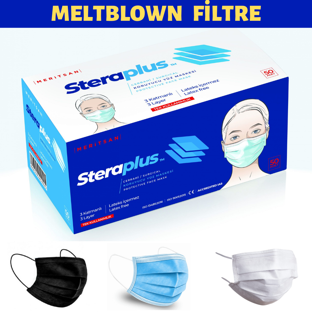 STERAPLUS MELTBLOWN 3 Katlı Tam Ultrasonik Cerrahi Maske 50Adet