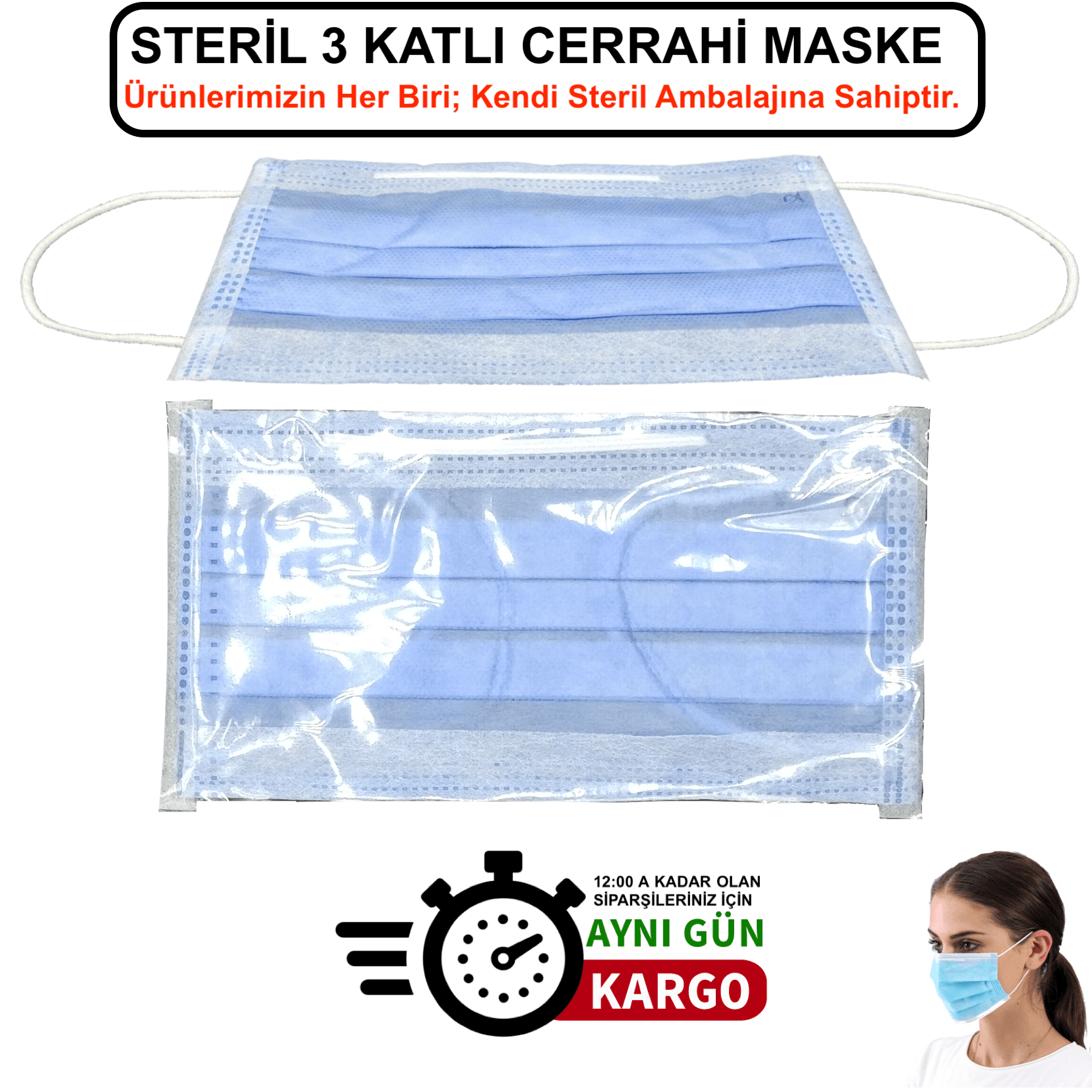 STERİL 3 Katlı Filtreli Cerrahi Maske Lastikli Yüz Maskesi