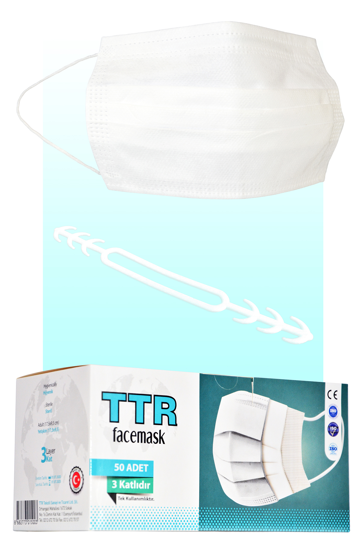 TTR Ultrasonik 3 Katlı Telli Steril Maske 50'li Beyaz