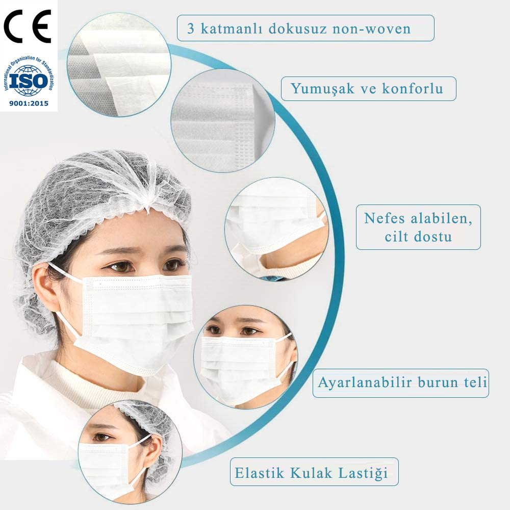 20 Adet 3 Katlı Tek Kullanımlık Maske Cerrahi Maske CE ve ISO