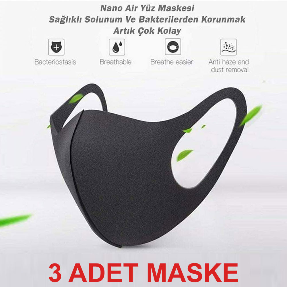 Yıkanabilir Maske Nano Kumaş Koruyucu Maske - 3 ADET Siyah Renk