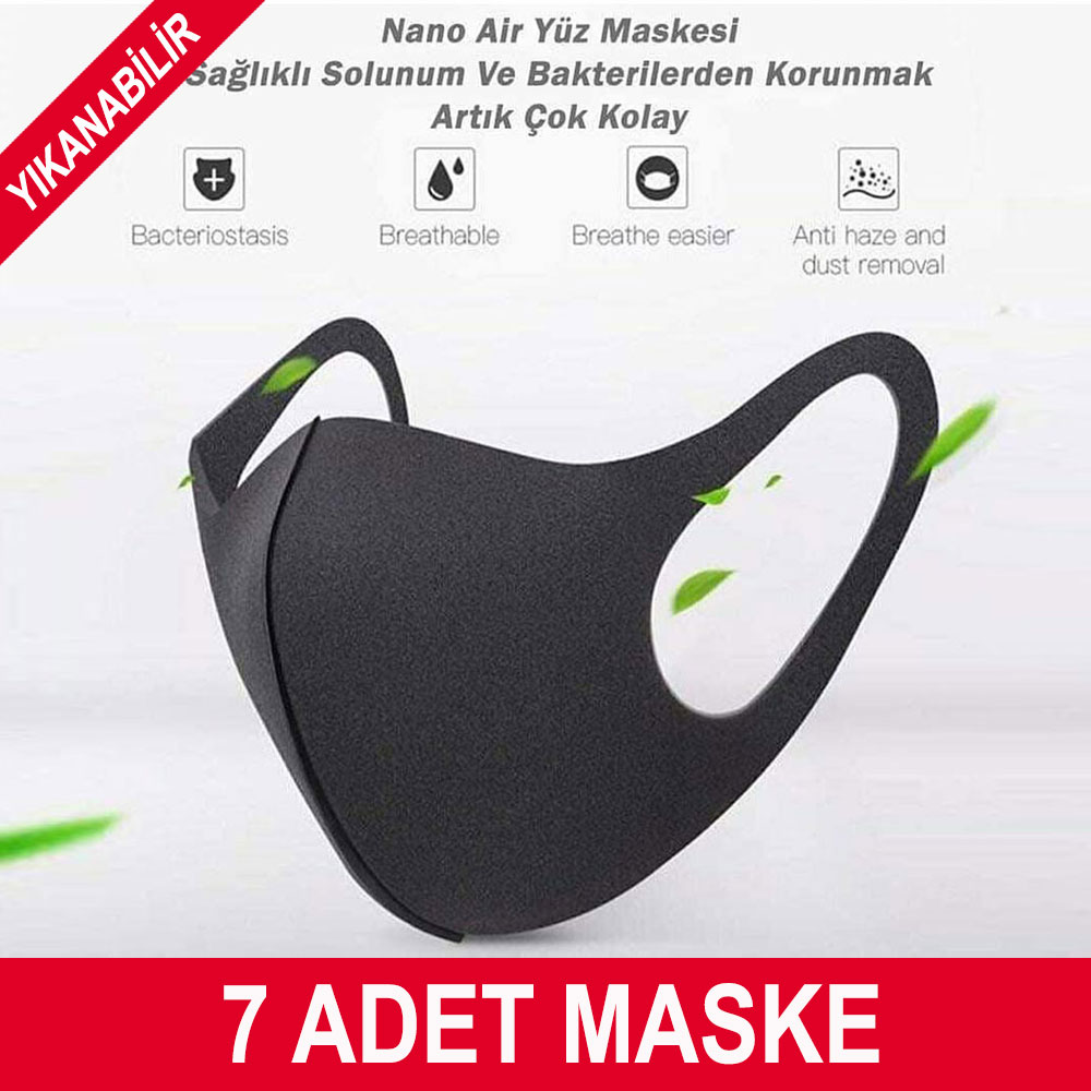 Yıkanabilir Maske Nano Kumaş Koruyucu Maske - 7 ADET Siyah Renk