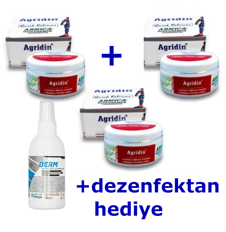 3 ADET Agridin Krem 150 ml. + Dezenfektan Hediye Ağrı Masaj Kremi