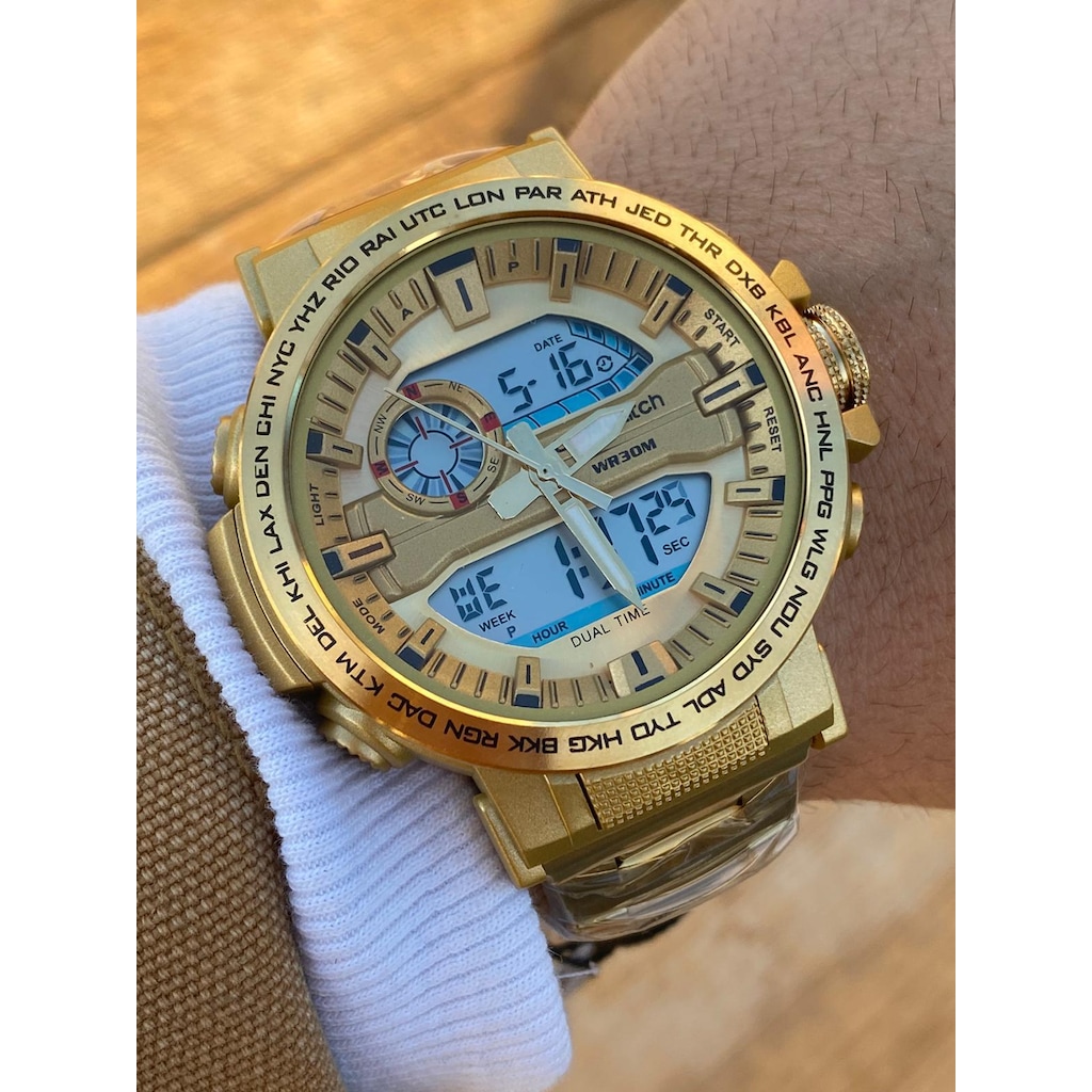Comwatch Digital Analog Fonksiyonlu Çelik Kordon Su Geçirmez Gold Renk Erkek Kol Saati