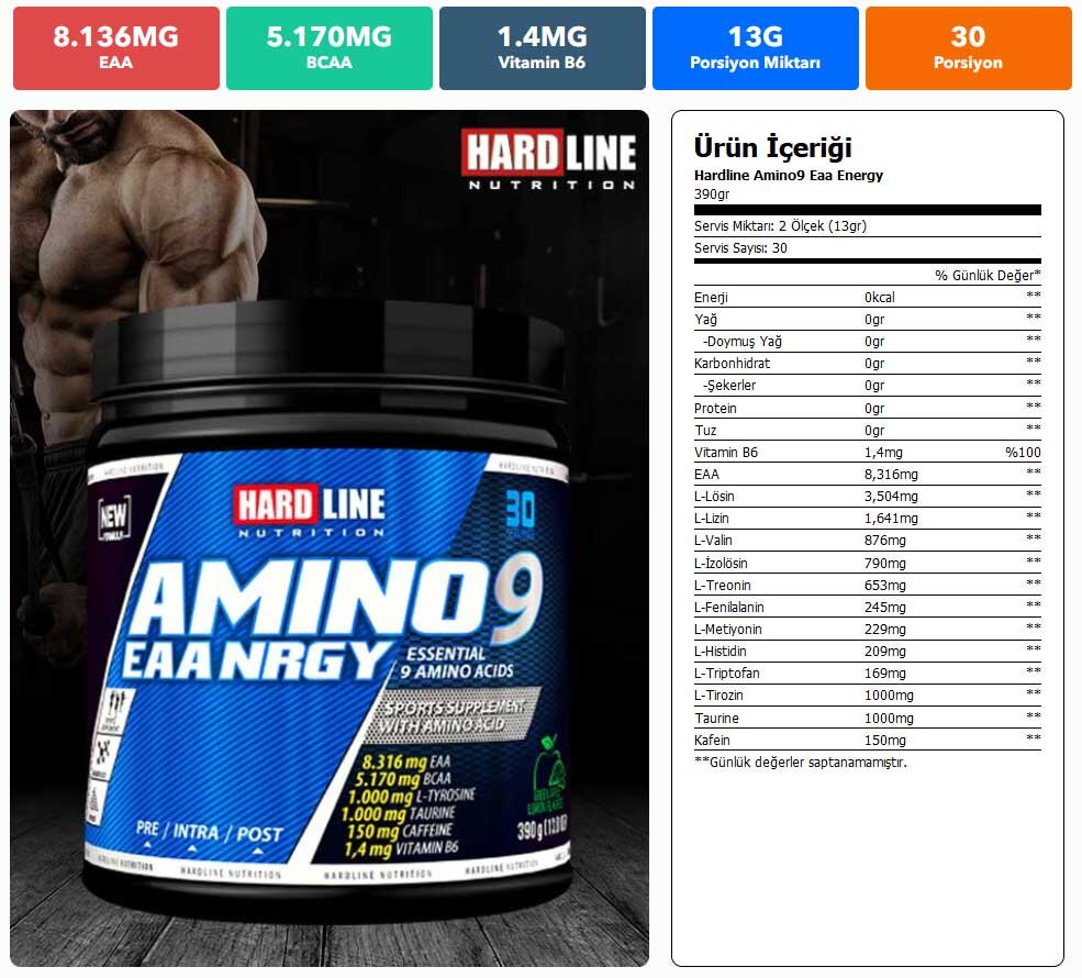 Hardline Nutrition Amino9 Eaa Nrgy 390 Gr - Yeşil Elma Aromalı Fiyatları ve Özellikleri