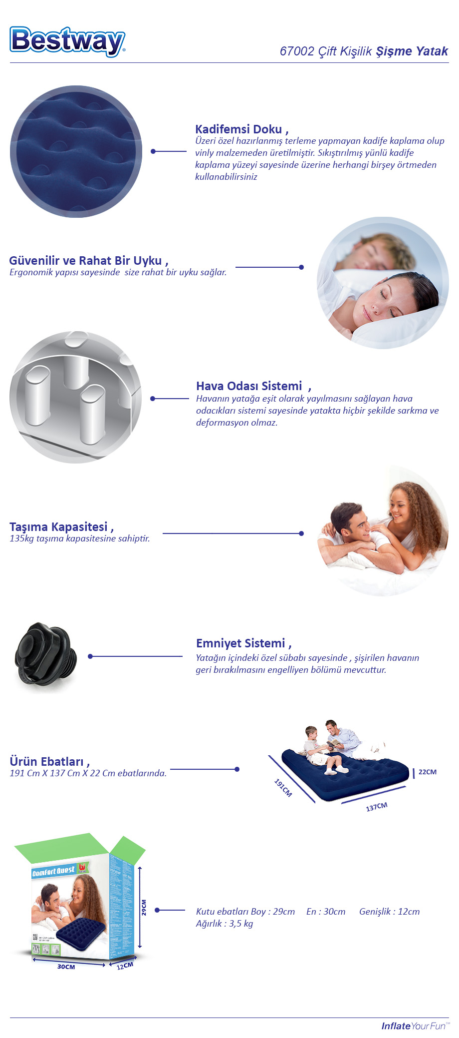 Bestway Çift Kişilik Şişme Yatak 191x137x22 67002 Fiyatları ve Özellikleri