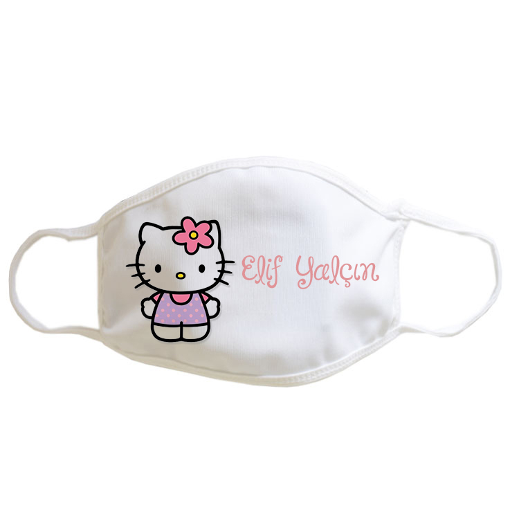 Kişiye Özel İsimli Hello Kitty Figürllü Çocuk Maskesi